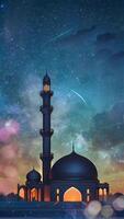 ai gegenereerd een moskee in de nacht lucht met sterren en een maan video