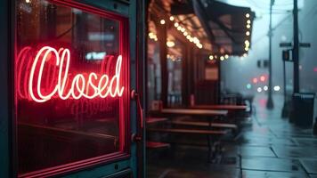 AI generated flashing neon light sign with the word closed in front of restaurant cafe at night video