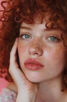 AI generated Freckled Beauty Model's Gentle Touch Accentuates Peach Fuzz Blush photo