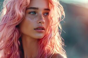 ai generado bonito en rosado de moda peinado para hermosa mujer foto