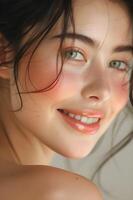 AI generated Radiant Glow Peach Fuzz Makeup Banner with Softly Smiling Model photo