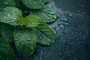 AI generated Mint Leaves with Water Droplets photo