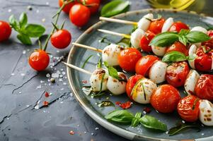 ai generado caprese brochetas con Cereza Tomates y queso Mozzarella foto