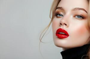 ai generado hermosa mujer con diabólico rojo labios foto