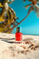 ai generado coral rojo uña polaco botella en Marfil arena con tropical fondo foto