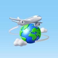 3D Airplane in Clouds and Globe Isolated. Render World Travelling by Plane. World Map with Aircraft. Time to Travel Concept, Holiday Planning. Tourist Worldwide Transportation. Vector Illustration