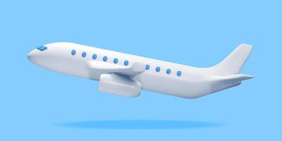 3D White Realistic Airplane Isolated on Blue Background. Render Passenger or Commercial Jet Icon. Time for Travel Concept. Traveling Booking Agency and Airlines. Holiday Vacation. Vector Illustration