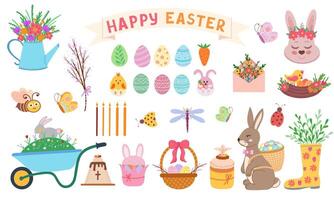 Happy Easter set, rabbit, eggs and flowers. Illustration for printing, backgrounds, covers and packaging. Image can be used for posters, stickers and textile. Isolated on white background. vector