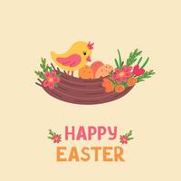 Happy Easter, bird in nest, eggs. Illustration for printing, backgrounds, covers and packaging. Image can be used for greeting card, poster, sticker and textile. Isolated on white background. vector