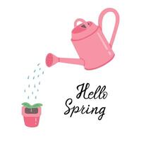 Hello spring, watering can and seedling. Illustration for printing, backgrounds, covers and packaging. Image can be used for greeting cards, posters and stickers. Isolated on white background. vector