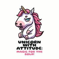 A grumpy unicorn depicted in a cute vector illustration, Magic for the bold Adding humor and charm to fantasy designs. Not AI.