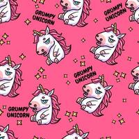 A pink grumpy unicorn seamless pattern. Cute fantasy background. Adding humor and charm to fantasy designs. Perfect for prints, clothe, wrapping paper. Not AI. vector