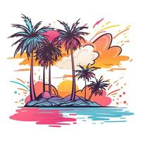 An energetic illustration with vibrant paint splashes depicting island landscape with palm trees. Ideal for travel posters and vacation designs, adding a hand drawn touch to any project. Not AI. vector