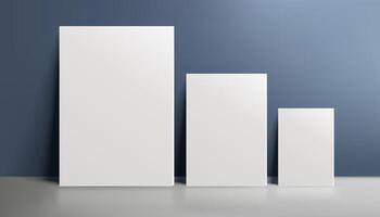 A realistic canvas mockup with blank space, three canvases by the wall on navy blue background, perfect for posters, art projects, paintings, presentations, marketing materials. Not AI. vector