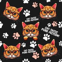 A cute black seamless vector pattern with paw prints and cartoon red cats wearing glasses. Ideal for wallpapers, fabrics, and decorative items, adding fun and charm to any design. Not AI.