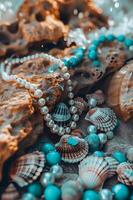 ai generado oceánico opulencia concha collar con perlas y turquesa foto