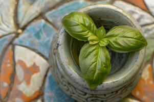 AI generated Mortar and Basil Fresh Herb Preparation photo