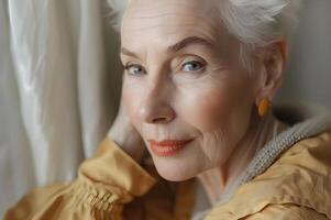 AI generated Timeless Beauty Senior Woman Radiates Grace in Peach Fuzz Makeup photo