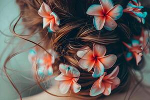 ai generado mujer adornado con verde azulado y coral tropical flores foto