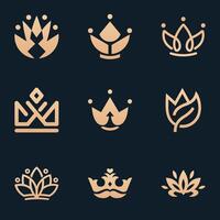 Vector flowwer logo design templates with crown shape and emblems in trendy linear style in golden colors on black background - floral and natural cosmetics concepts and alternative symbols