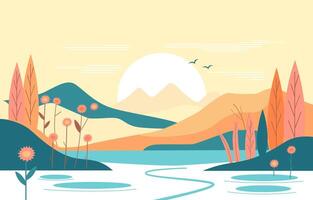 Flat Design Illustration of Hills Mountain View with Sun in Summer vector