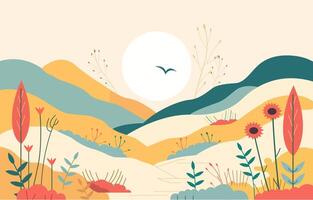 Flat Design Illustration of Beautiful Colorful Hills with Flowering Plant in Summer vector