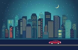 autopista calle en ciudad a noche con paisaje urbano edificio plano diseño ilustración.eps vector