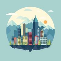 Circle Cityscape Building with Mountain View in Bright Day Flat Design Illustration vector