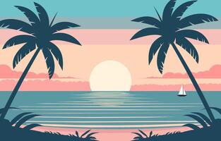 Flat Design of Beach Nature Scenery with Sunset in the Sky vector