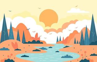 Vector Illustration Design of River Nature Landscape with Sun in Summer