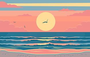 Flat Design of Sunset at Beach in Summer with Seagull and Wave vector