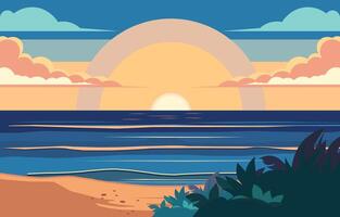 Flat Design of Blue Sea Water on the Beach with Big Sun in Summer vector