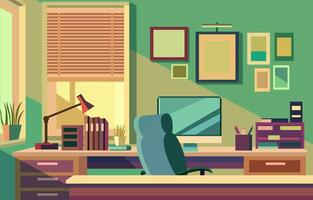 Flat Design Illustration of Colorful Workplace Landscape with Monitor and Books on a Desk vector