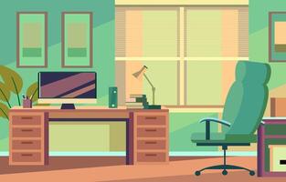 Flat Vector Design of Colorful Office Room with Monitor and Bookshelf in Workspace