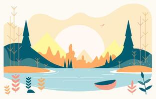 Flat Design Illustration of Lake River with Mountain and Pine Trees in Summer vector