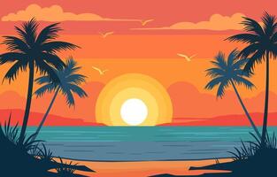 Flat Design of Beautiful Beach Landscape with Palm Trees in Golden Sky at Sunset vector