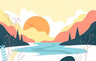 Flat Design Illustration of River Nature View with Sun in Summer vector