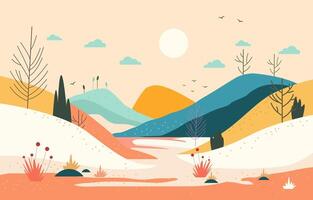 Flat Design Illustration of Mountain Hills Scenery in Summer with Plants vector