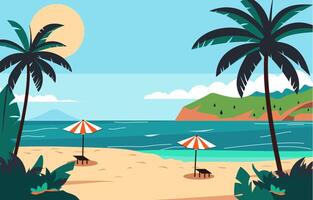 Flat Design of Beach Landscape in Summer with Tropical Palm Trees vector