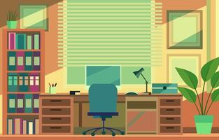 Flat Vector Design of Colorful Workplace Landscape in the Office with Modern Interior Style