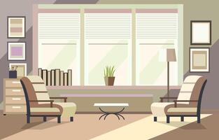 Flat Design Illustration of Chairs in Workspace with Big Window and Picture Decoration on the Wall vector