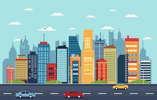 Highway Street in City with Cityscape Building in Bright Day Flat Design Illustration.eps vector