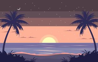 Flat Design of Sea Nature View with Tropical Palm Trees at Night vector