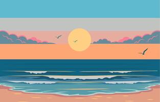 Flat Design of Beautiful Beach Landscape with Colorful Sky at Sunset vector