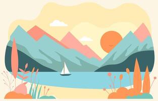 Vector Illustration Design of Mountain View in Summer with Boat Sailing on the Sea