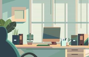 Flat Vector Design of Workspace Landscape in the Office with Monitor on a Desk