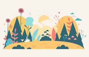 Flat Design of Beautiful Nature Landscape in Summer with Tree Plants in Spring vector