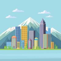 Skyscrapers Building with Mountain View in Bright Day Flat Design vector