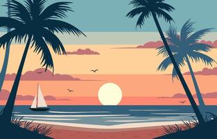 Flat Design of Boat Sailing on the Sea with Colorful Sky at Sunset vector