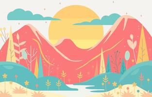 Flat Design Illustration of Mountain Nature Landscape with Big Sun in Summer vector